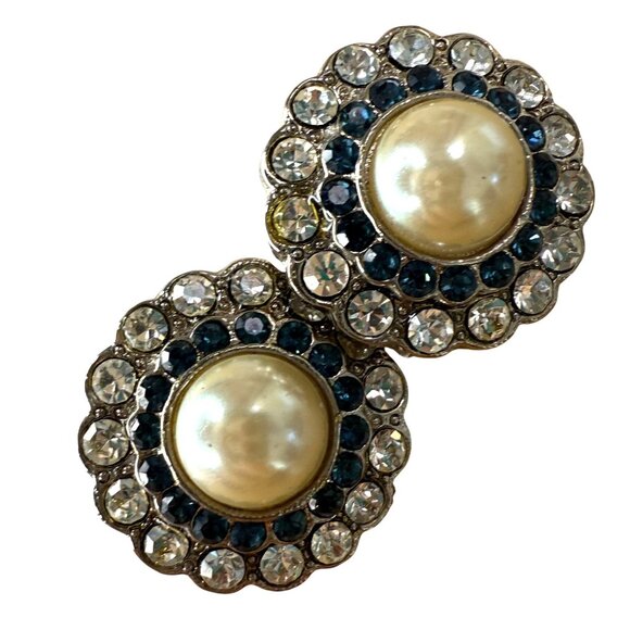Vintage Round Clip-On Earrings W/ Faux Pearl & Rhinestones Silver-Tone Blue - Picture 1 of 4